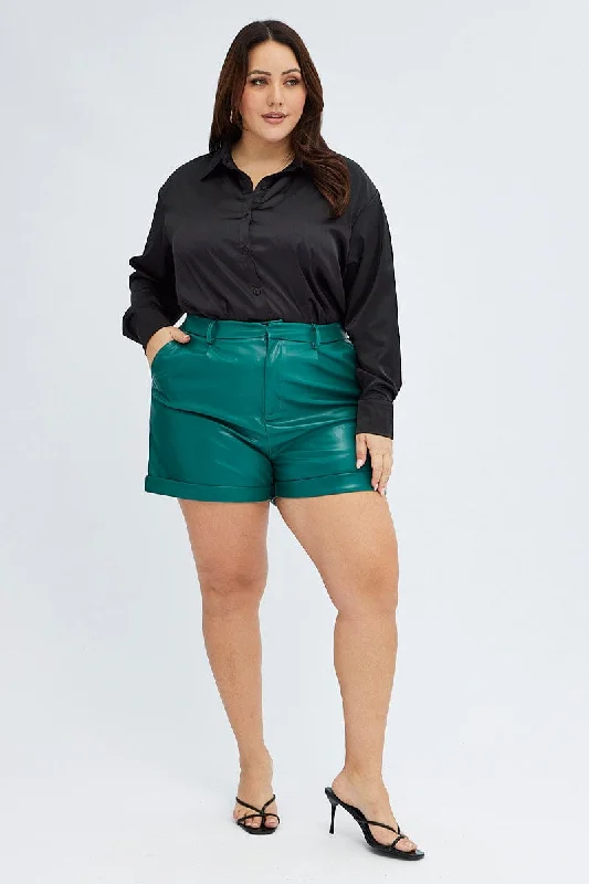 Green Cuffed Shorts Faux Leather Elastic Back