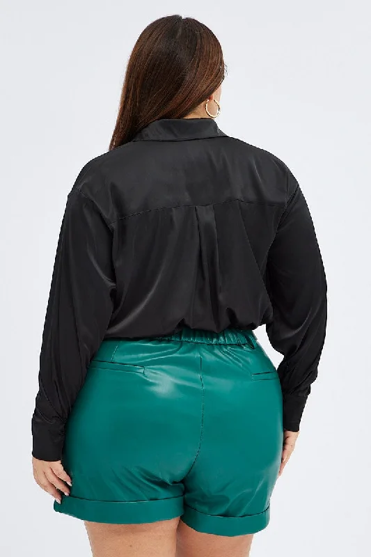 Green Cuffed Shorts Faux Leather Elastic Back