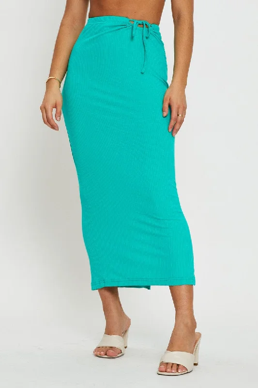 Green Tie Detail Ribbed Midi Skirt