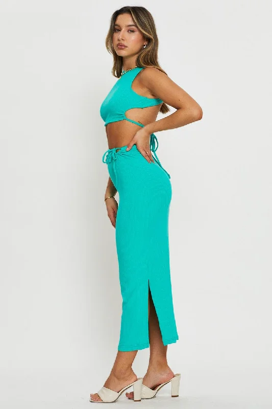 Green Tie Detail Ribbed Midi Skirt