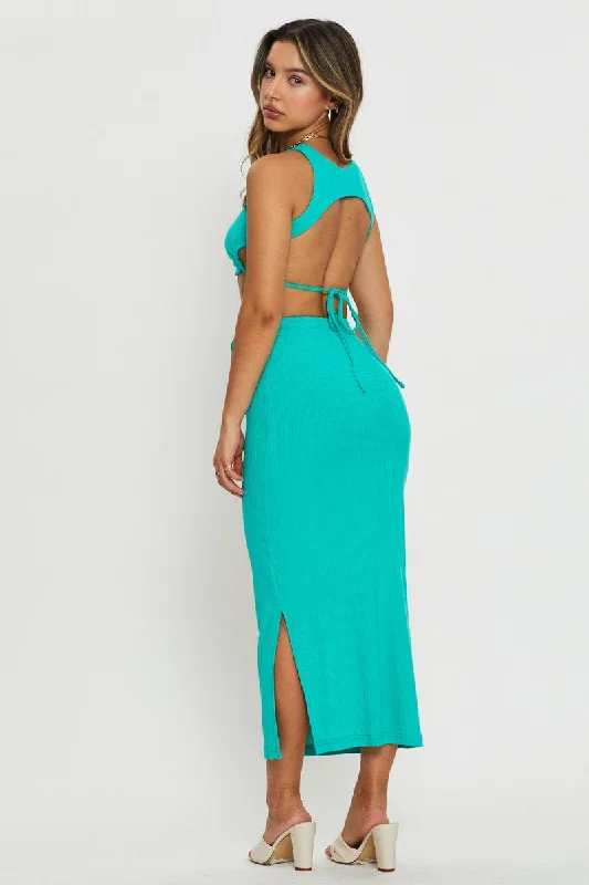 Green Tie Detail Ribbed Midi Skirt