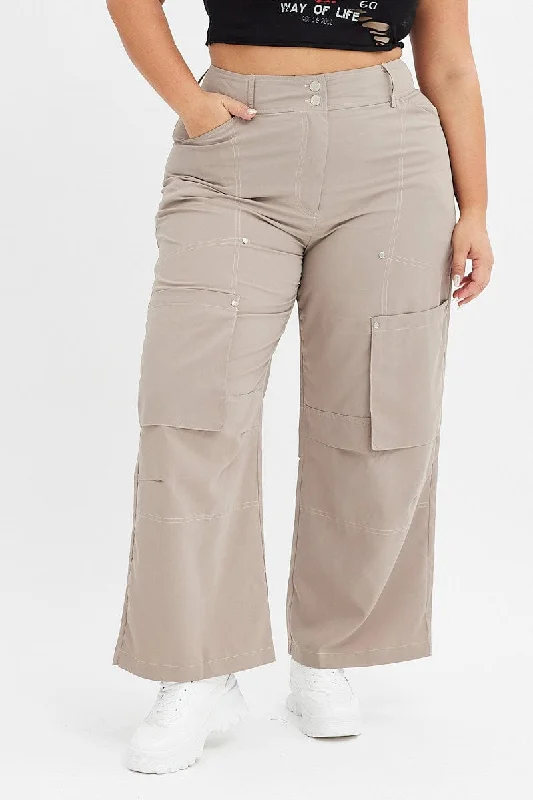 Grey Cargo Pant Wide Leg Contrast Stitch