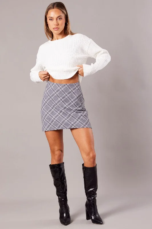 Grey Check Mini Skirt High Rise