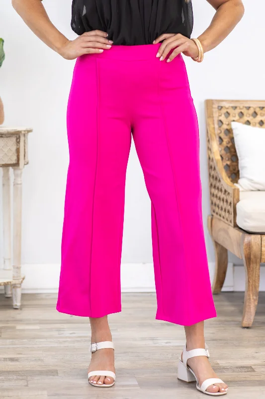 Hot Pink Wide Leg Cropped Pants With Seam