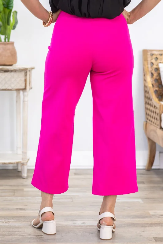 Hot Pink Wide Leg Cropped Pants With Seam