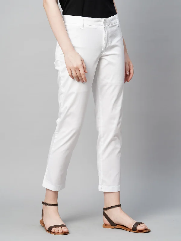 Women's White Cotton Elastane Regular Fit Pant