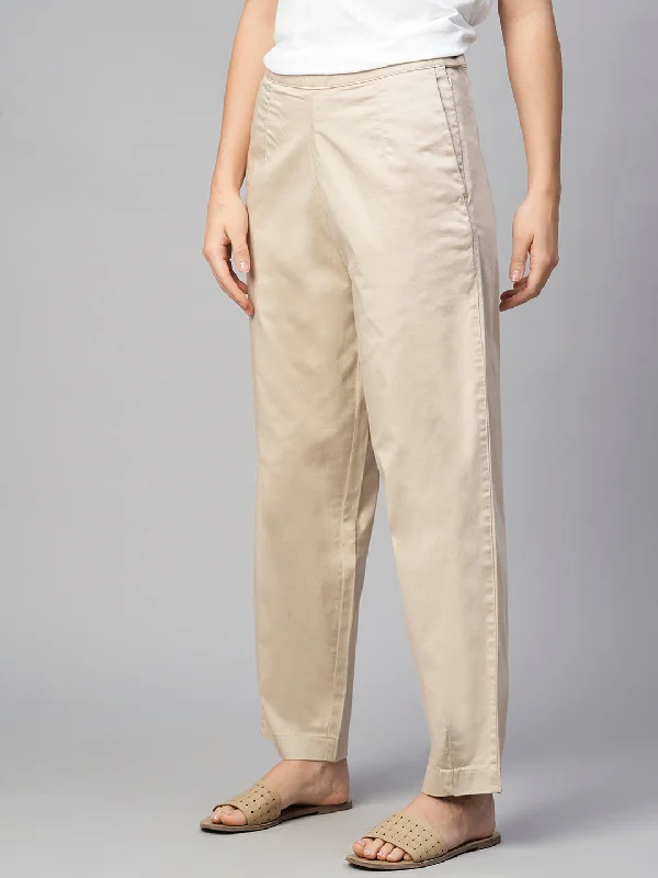 Women's Beige Cotton Elastane Regular Fit Pant