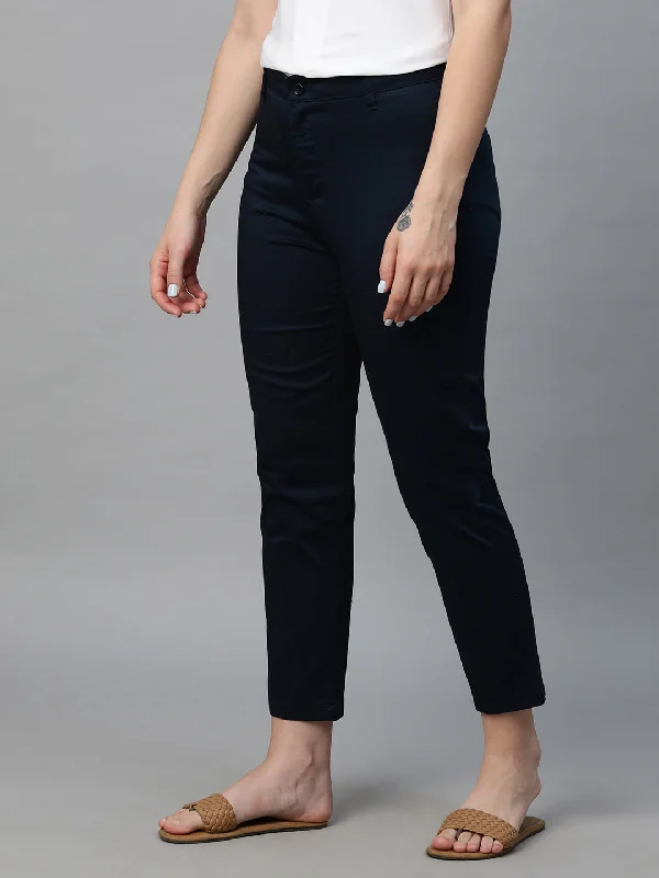 Women's Navy Cotton Lycra Regular Fit Pant