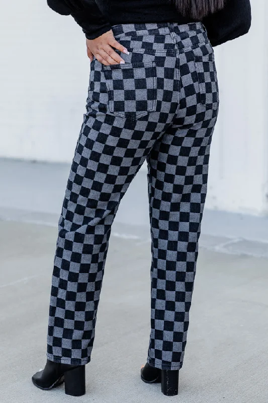 Mallory Black And Grey Checkered High Waisted Straight Leg Jeans FINAL SALE