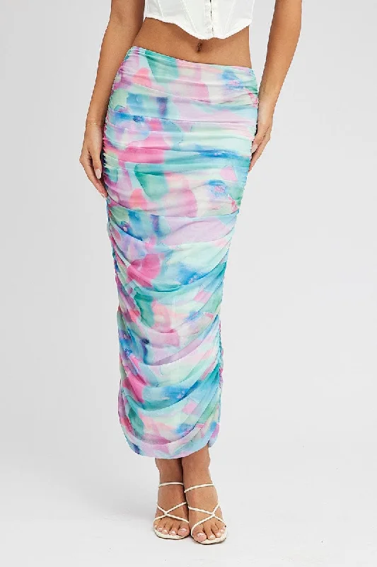 Multi Abstract Midi Skirt Side Ruched Mesh