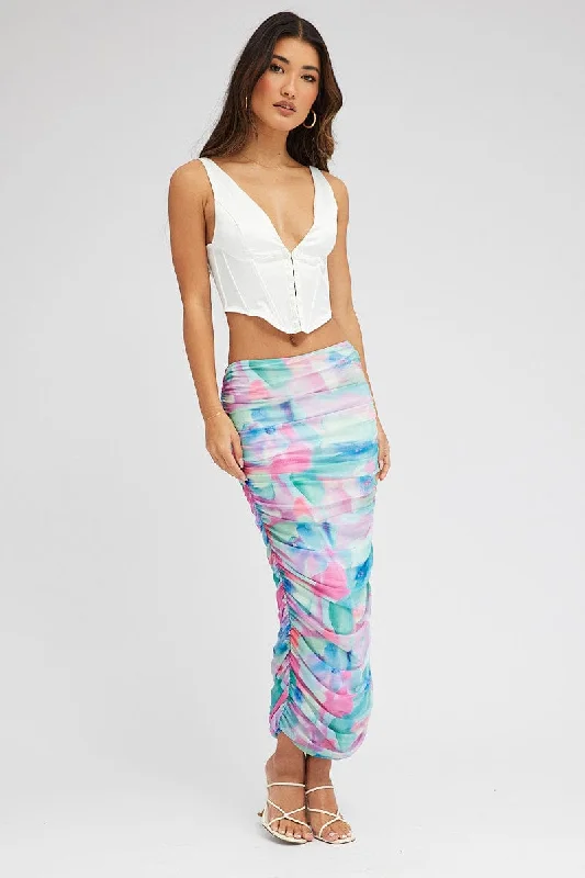 Multi Abstract Midi Skirt Side Ruched Mesh