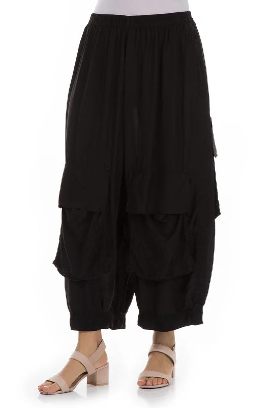 Pockets Black Silk Bamboo Trousers