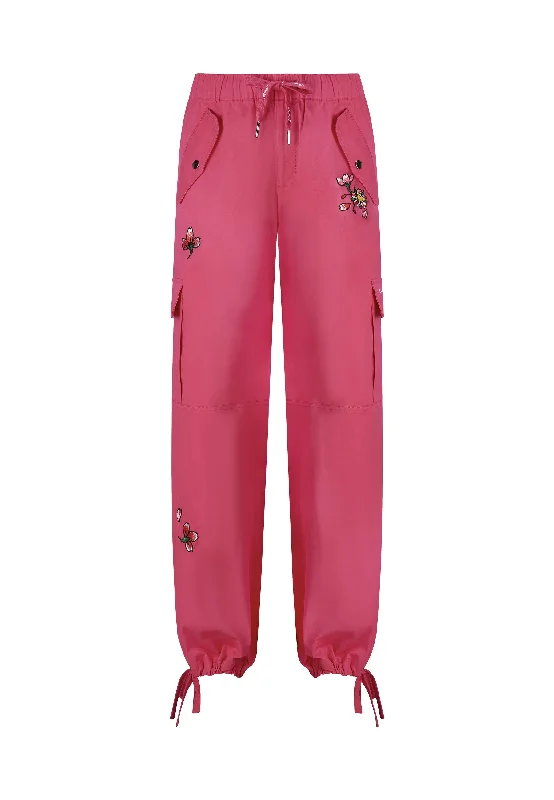 Womens Skull Blossom Cargo Pants Trousers - Pink