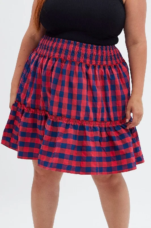 Stripe Shirred Waist Check Skater Skirt