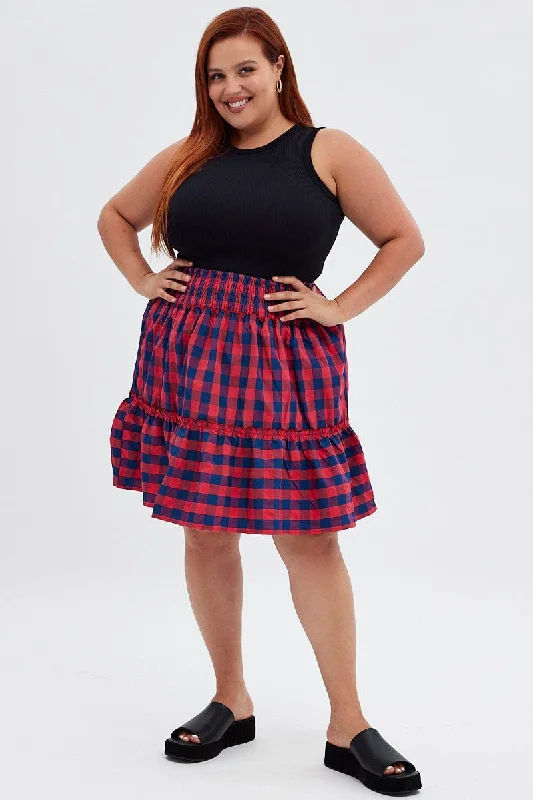 Stripe Shirred Waist Check Skater Skirt