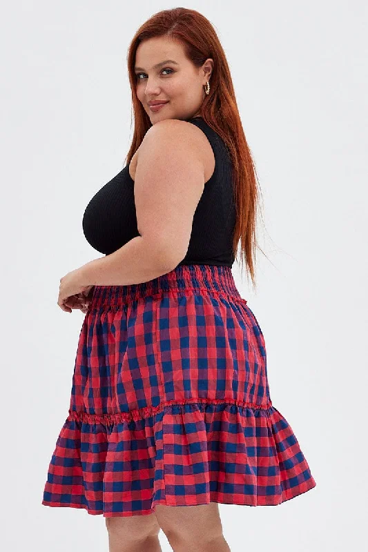 Stripe Shirred Waist Check Skater Skirt