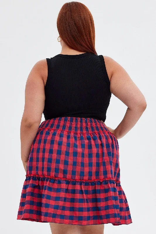 Stripe Shirred Waist Check Skater Skirt