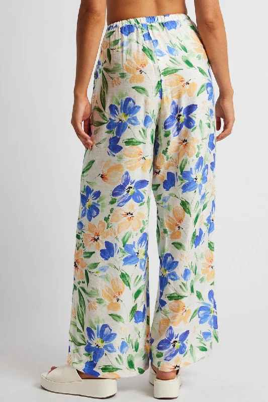 White Floral Wide Leg Pants Mid Rise