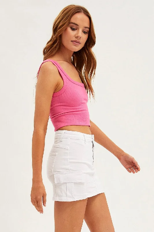 White Mini Cargo Skirt Low Rise Denim