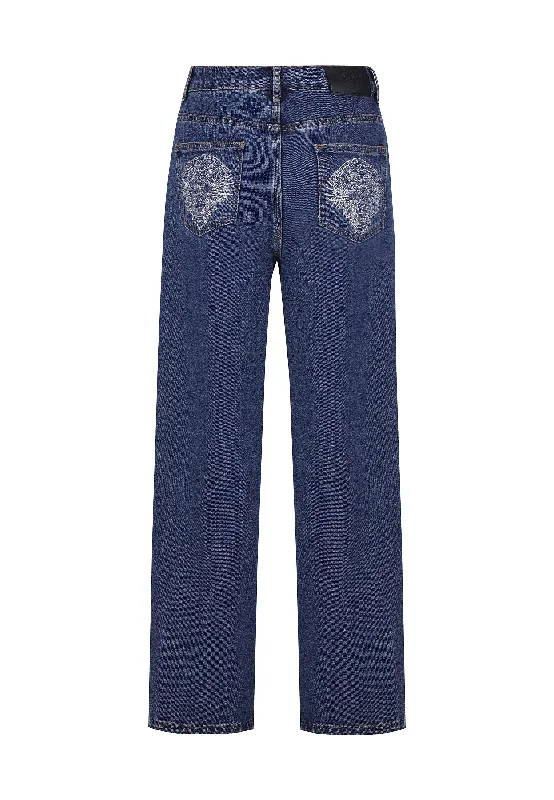 Womens Crystal Roar Diamante Relaxed Denim Trousers Jeans - Indigo