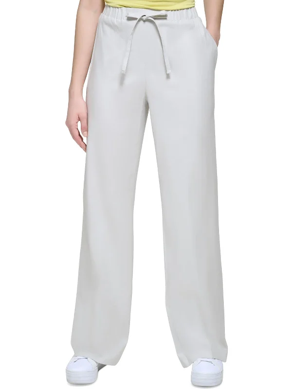 Womens Tie Waist High Rise Wide Leg Pants